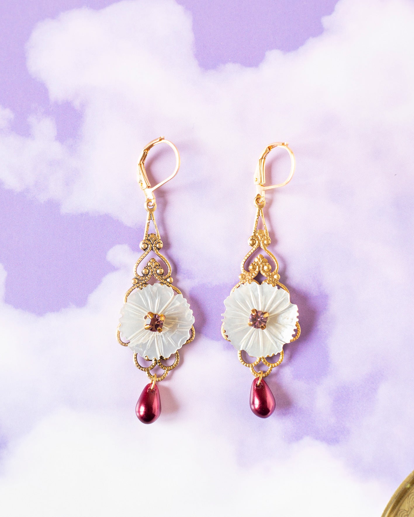 Earrings with vintage baroque prints and white mother-of-pearl buttons