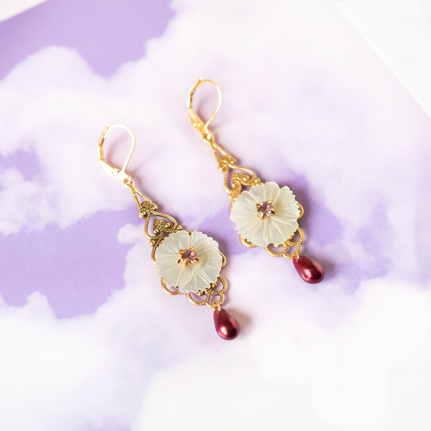 Earrings with vintage baroque prints and white mother-of-pearl buttons