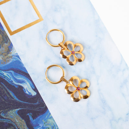 Boucles d'oreilles créoles acier et fleurs vintage