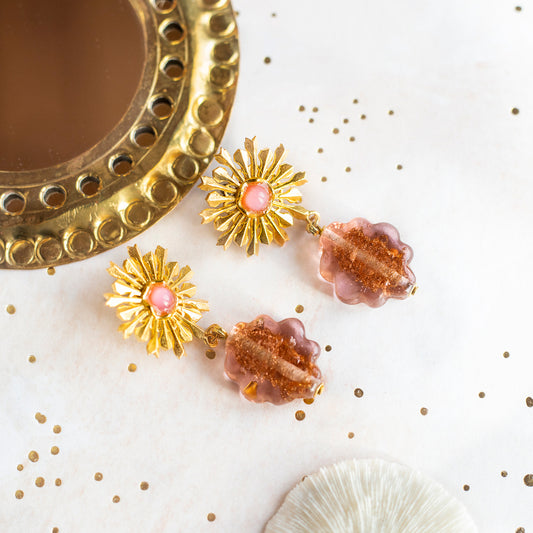 Gold sun chip earrings and pink vintage pearls