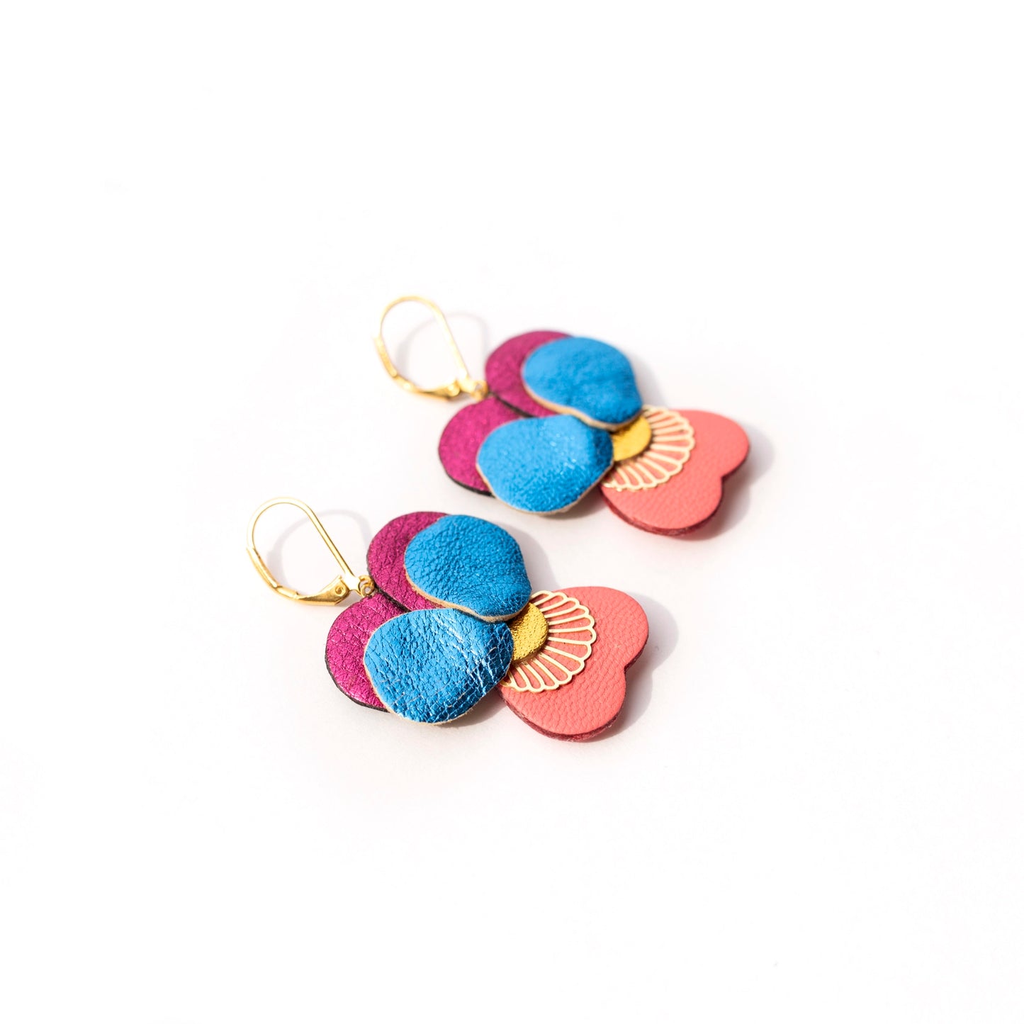 Boucles d’oreilles Pensées - cuir bleu métallisé, framboise, rose capucine