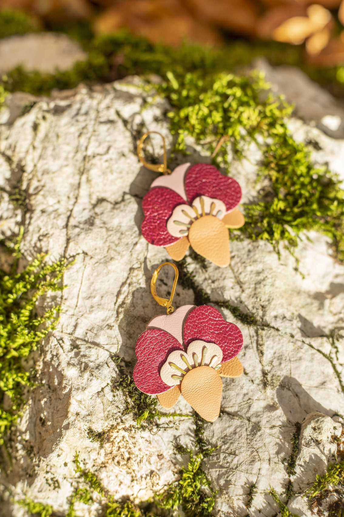 Boucles d'oreilles Orchidées - jaune aurore, rose clair, framboise