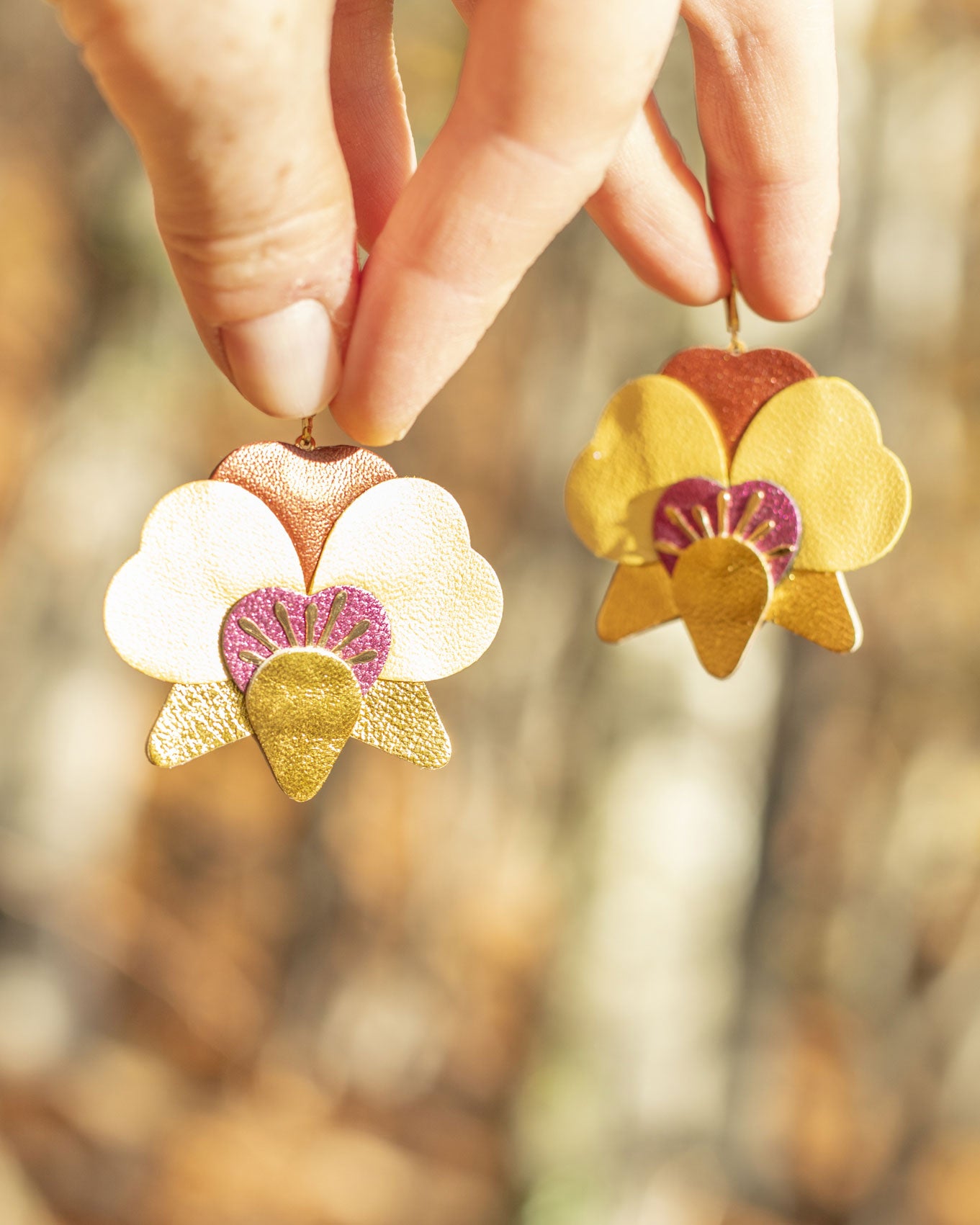 Boucles d’oreilles Orchidées - cuivre, rose, or mat, framboise