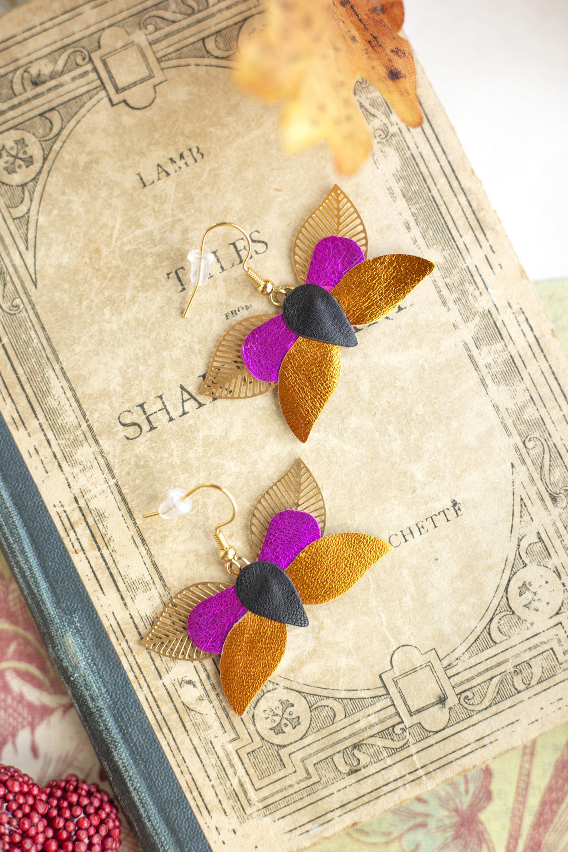 Boucles d'oreilles Papillons orange et fuchsia