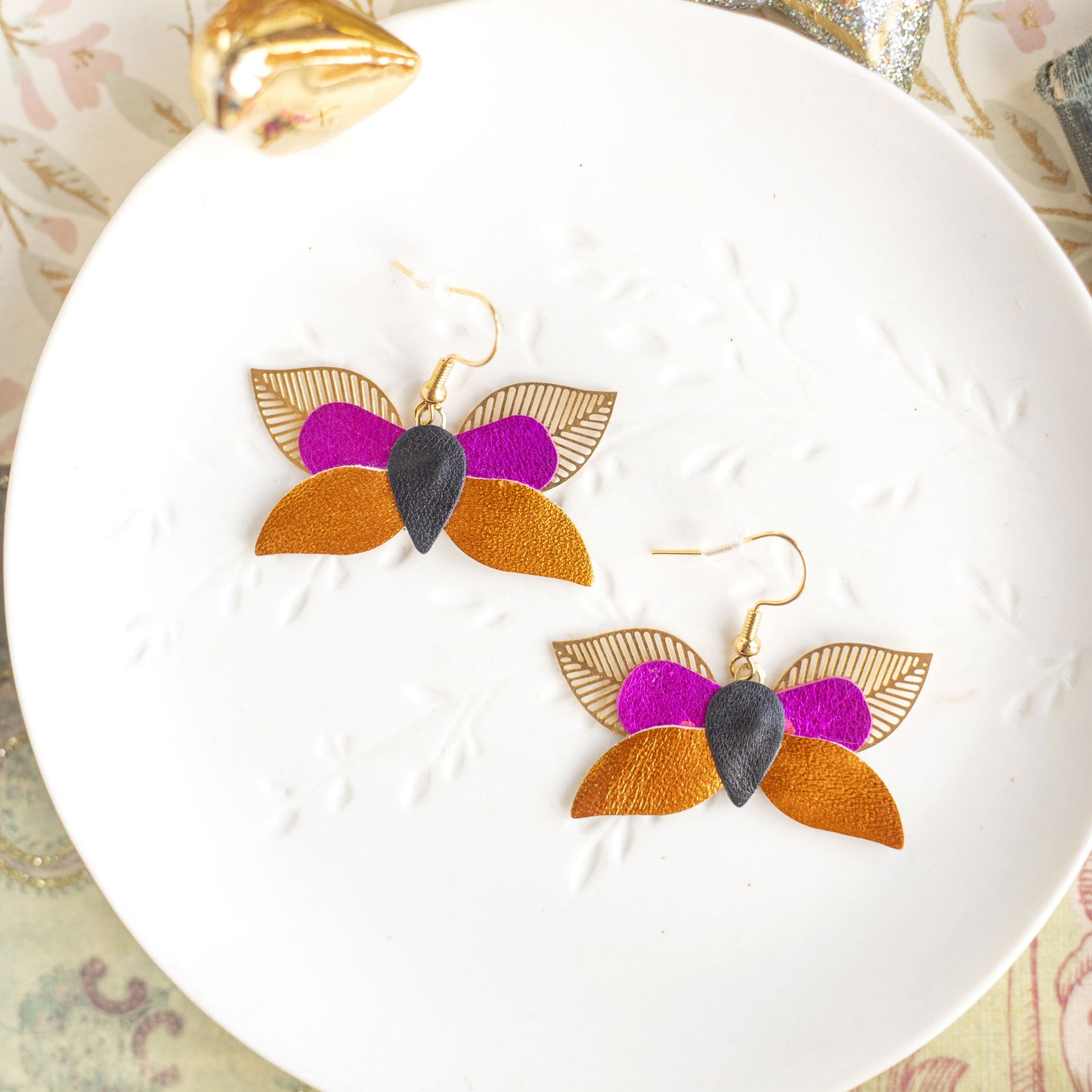 Boucles d'oreilles Papillons orange et fuchsia