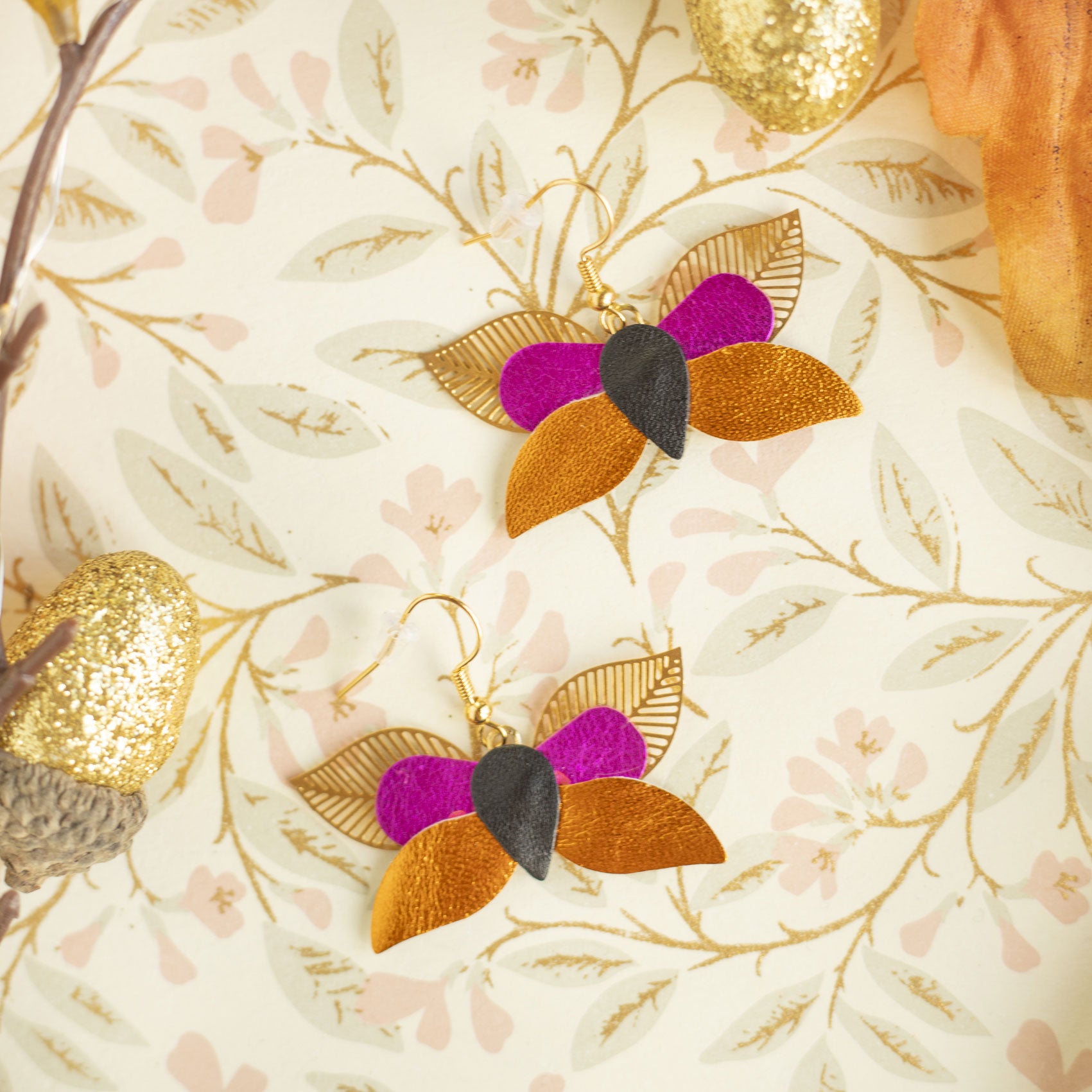 Boucles d'oreilles Papillons orange et fuchsia