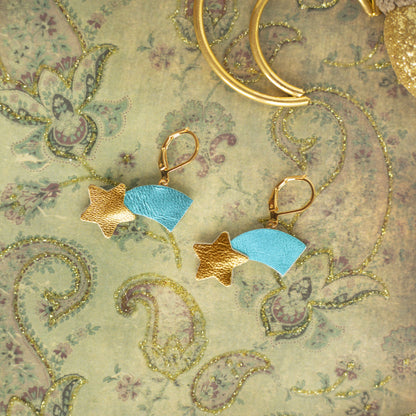 Boucles d'oreilles étoiles filantes bleu métallisé et doré