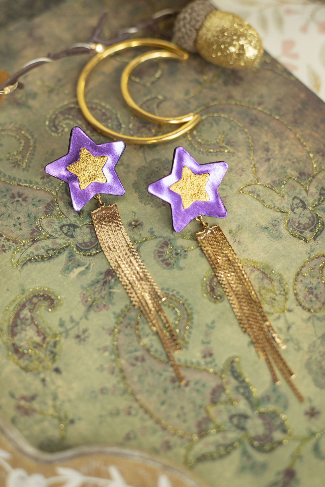 Boucles d'oreilles Comètes doré et violet