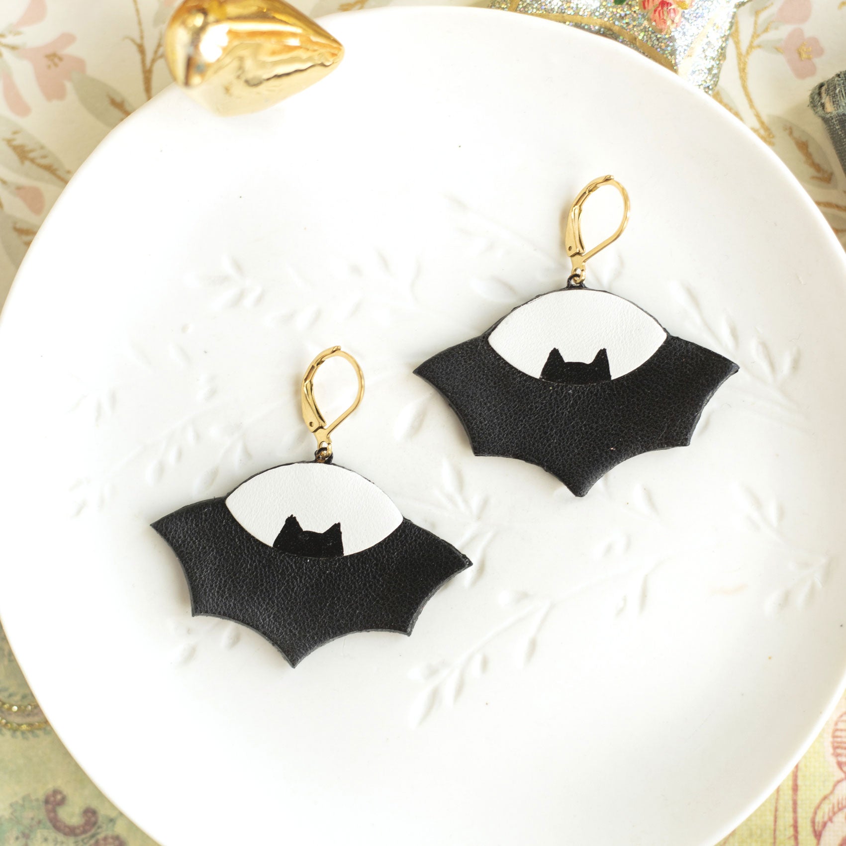 Boucles d'oreilles Chauve-Souris soucoupe volante cuir noir