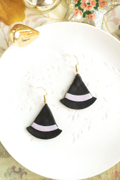 Boucles d'oreilles Chapeau de Sorcière cuir noir