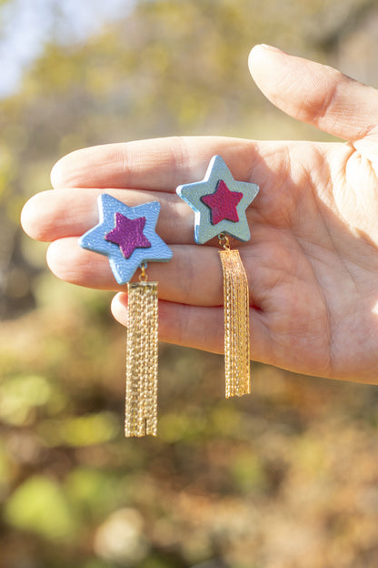 Boucles d'oreilles Comètes bleu et framboise