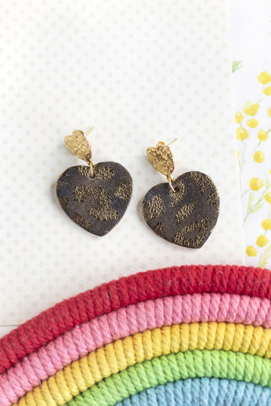 Boucles d'oreilles Coeurs - cuir marron lépoard
