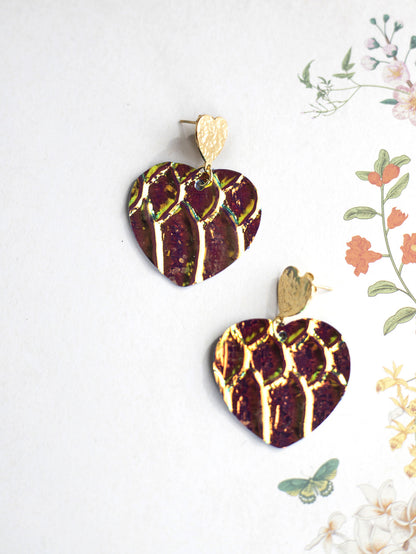 Boucles d'oreilles Coeurs - cuir à écailles holograhiques jaune orangé