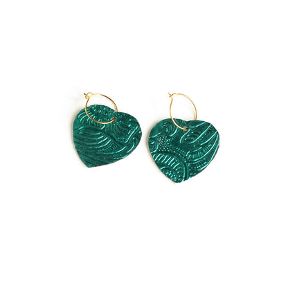 Boucles d'oreilles Coeurs cuir gaufré bleu pétrole et vert