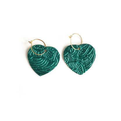 Boucles d'oreilles Coeurs cuir gaufré bleu pétrole et vert