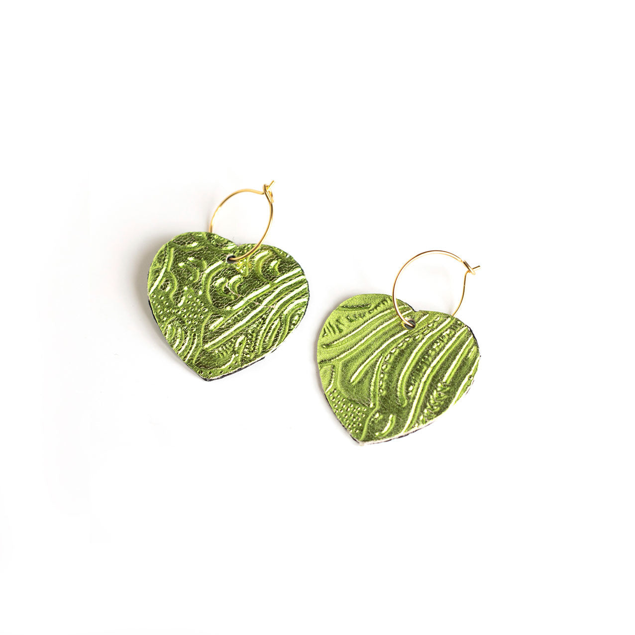 Boucles d'oreilles Coeurs cuir gaufré bleu pétrole et vert