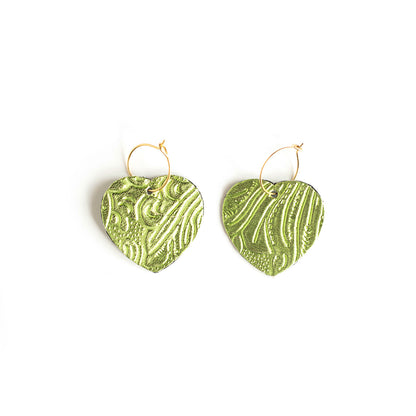 Boucles d'oreilles Coeurs cuir gaufré bleu pétrole et vert