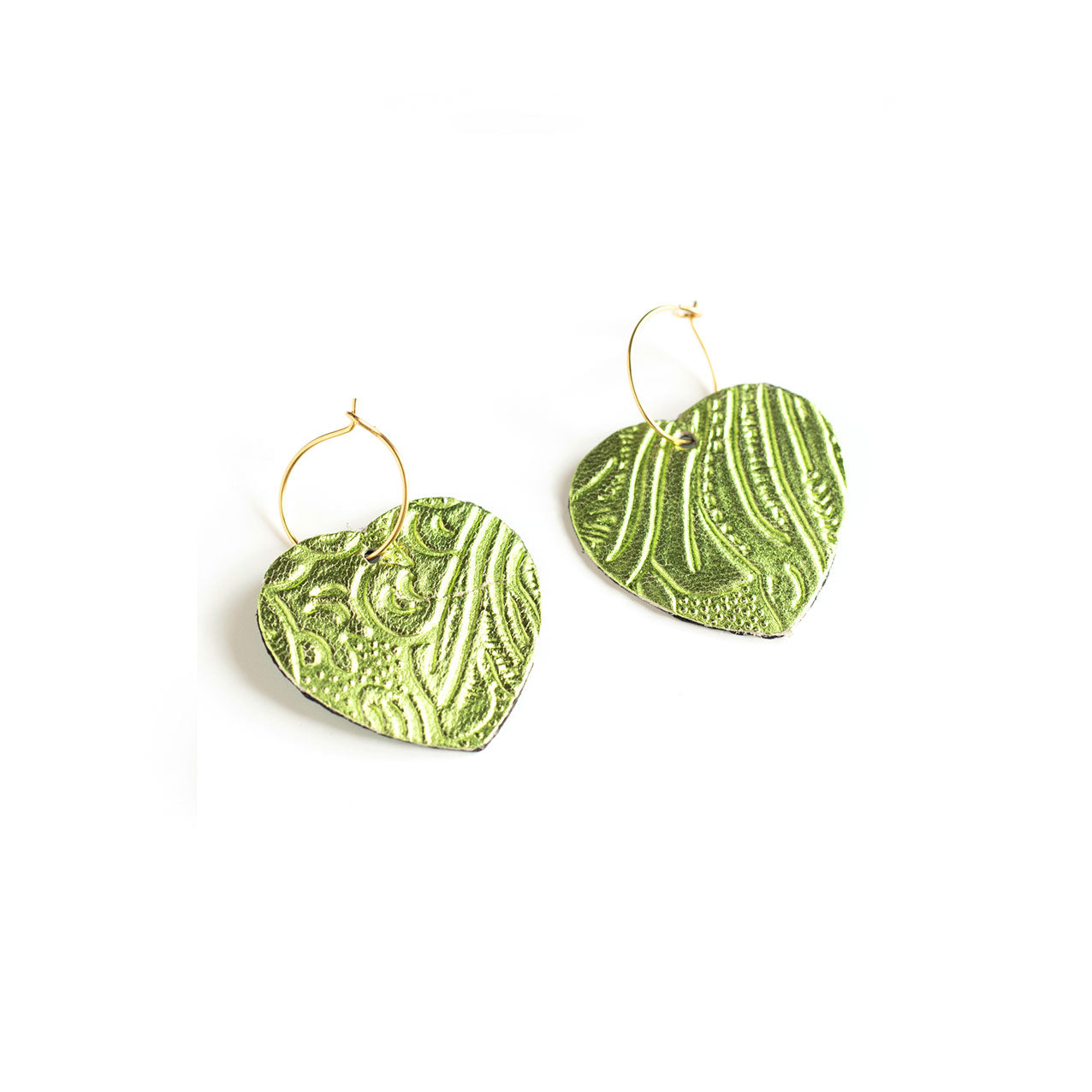 Boucles d'oreilles Coeurs cuir gaufré bleu pétrole et vert