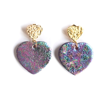 Boucles d'oreilles Coeurs - cuir violet à reflets irisés