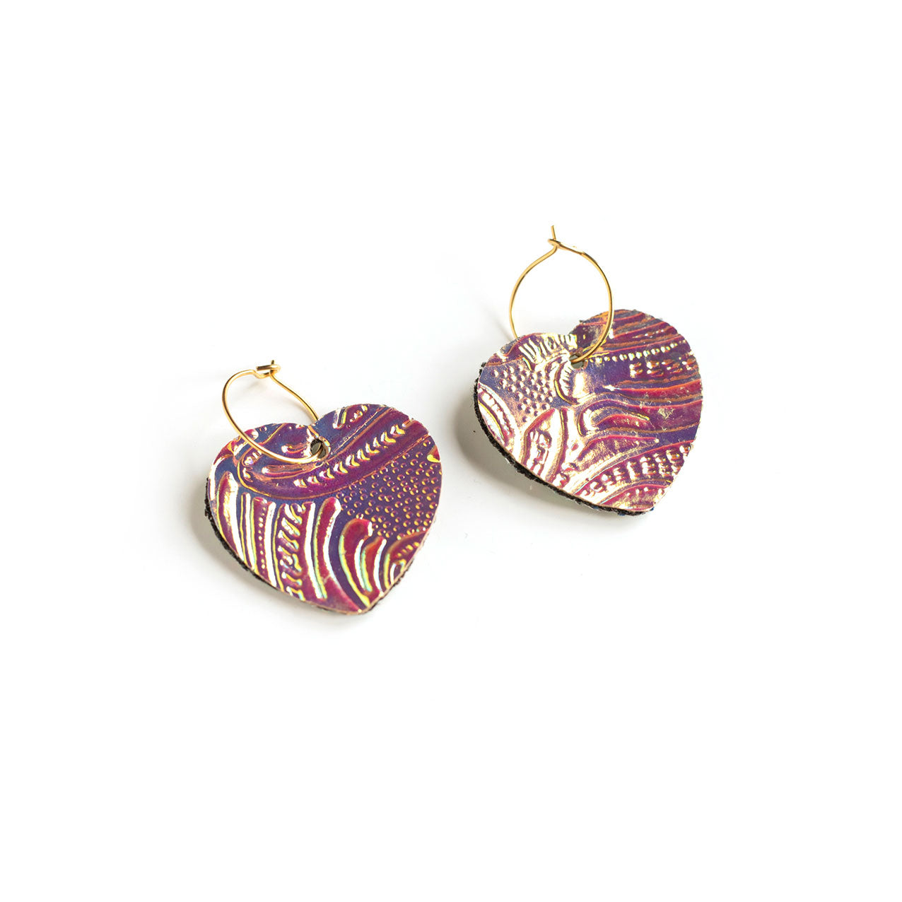 Boucles d'oreilles coeurs irisés rose mauve et jaune