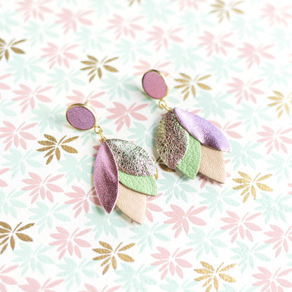 Boucles d'oreilles Dahlia - cuir rose métallisé, vert métallisé, jade, rose poudré nacré