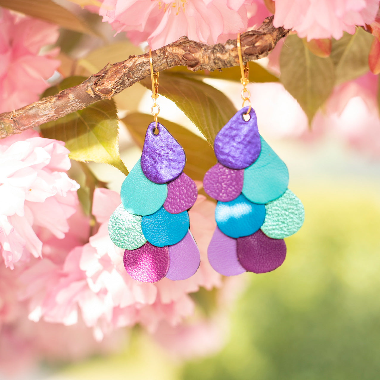 Purple, blue, turquoise Peacock Tail earrings