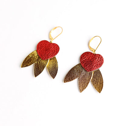 Boucles d'oreilles Coeurs rouge métallisé et 3 épées