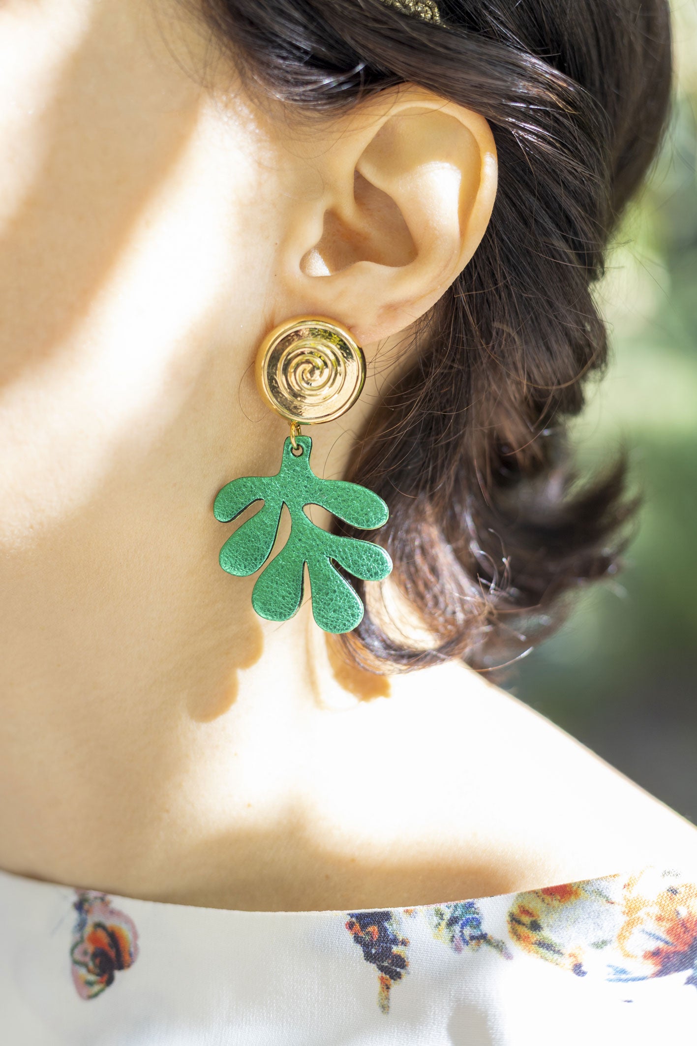 Boucles d'oreilles Algues - cuir vert