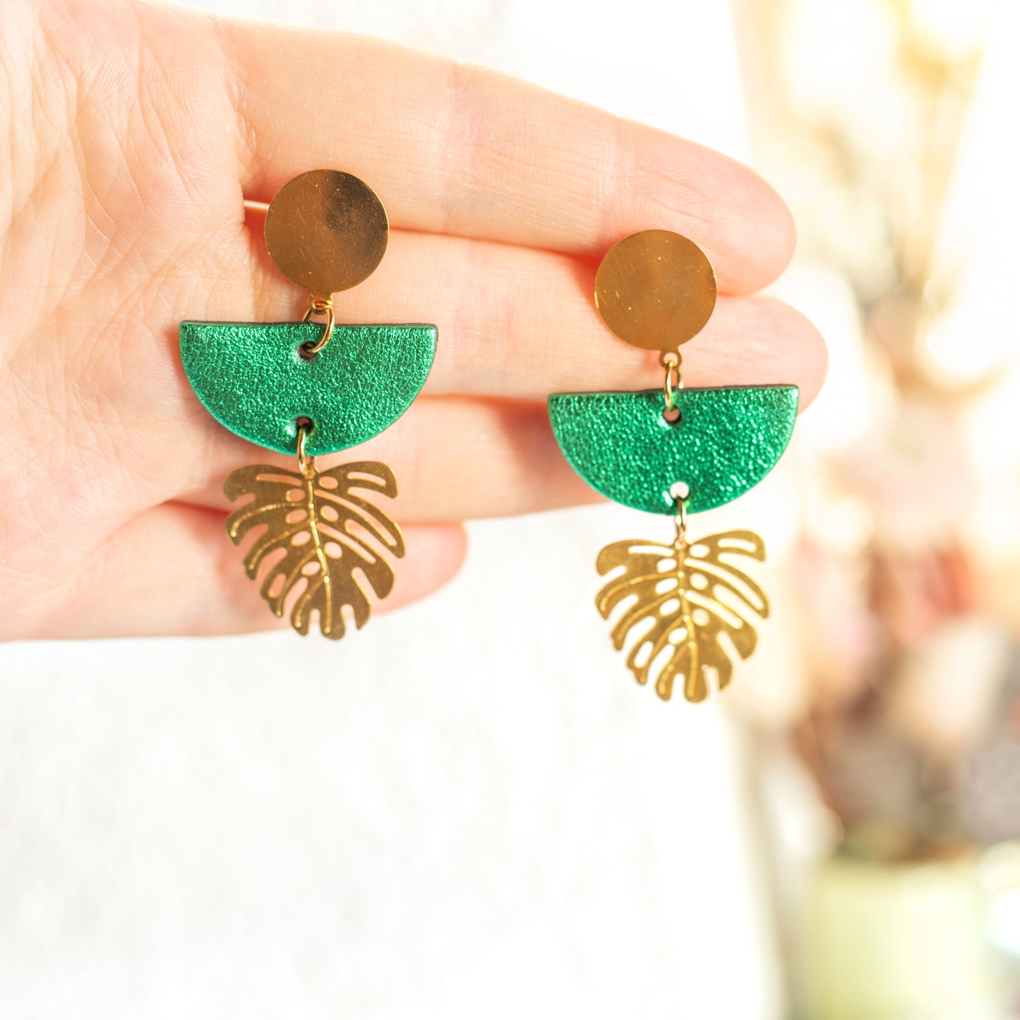 Soria metallic green leather earrings