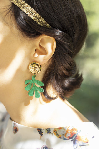 Boucles d'oreilles Algues - cuir vert