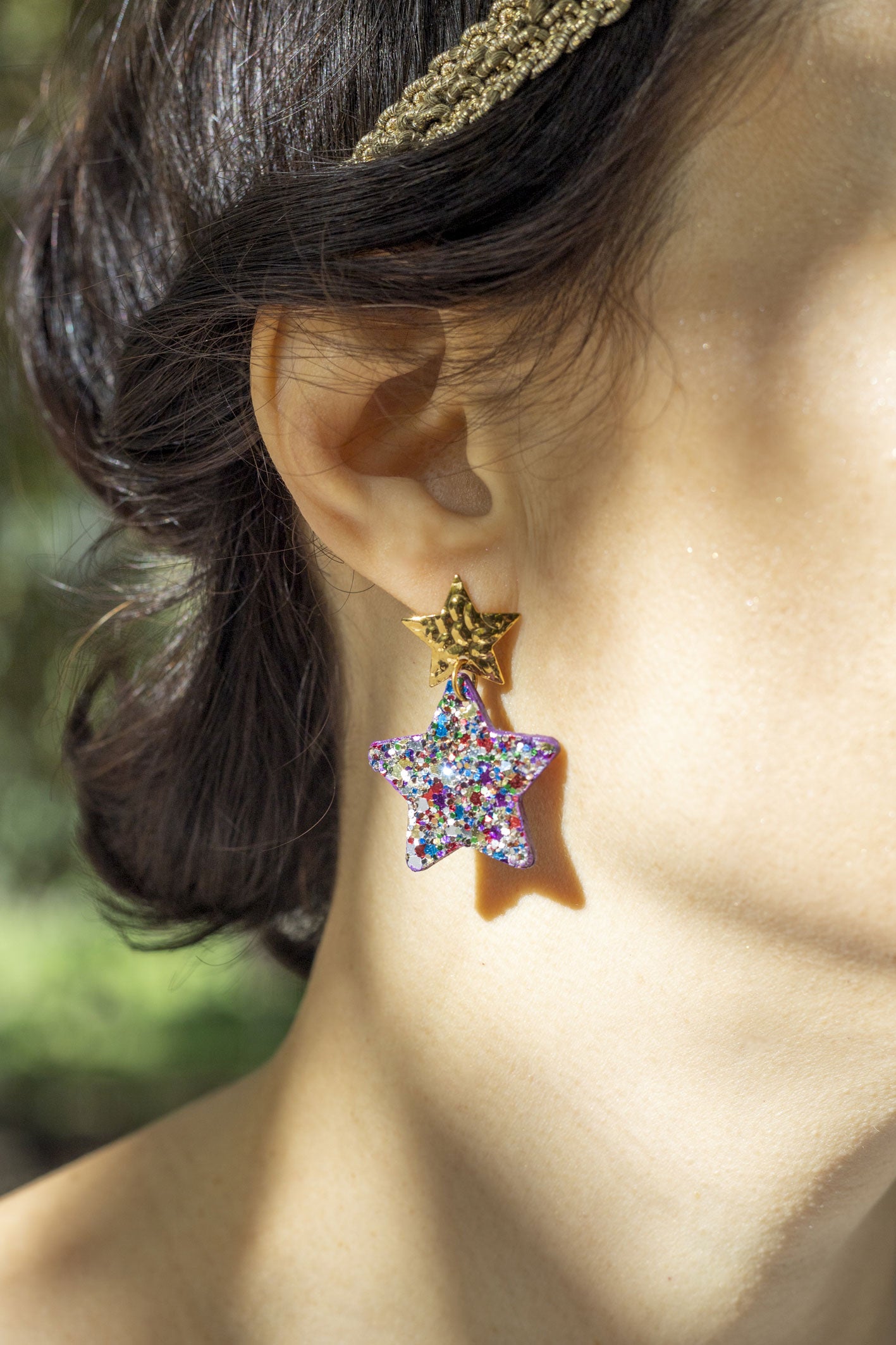 Boucles d'oreilles Etoiles - cuir holographique jaune