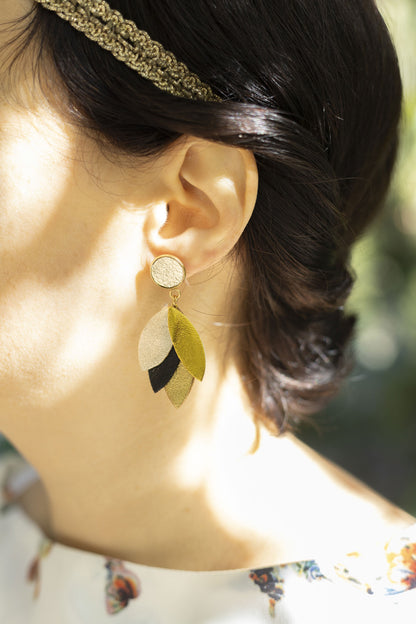 Boucles d'oreilles Dahlia - cuir fuchsia, rose métallisé, jaune