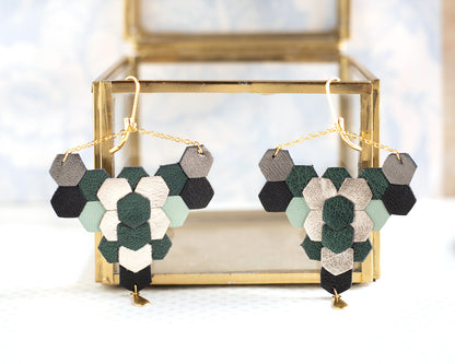 Boucles d’oreilles Sixty cuir vert argenté noir