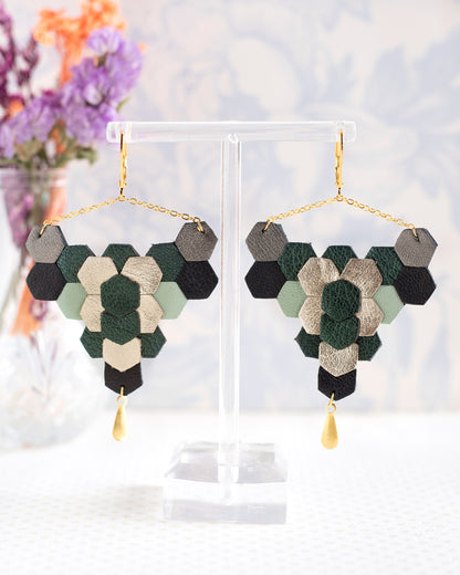 Boucles d’oreilles Sixty cuir vert argenté noir