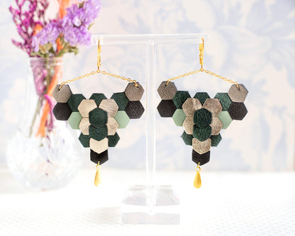 Boucles d’oreilles Sixty cuir vert argenté noir