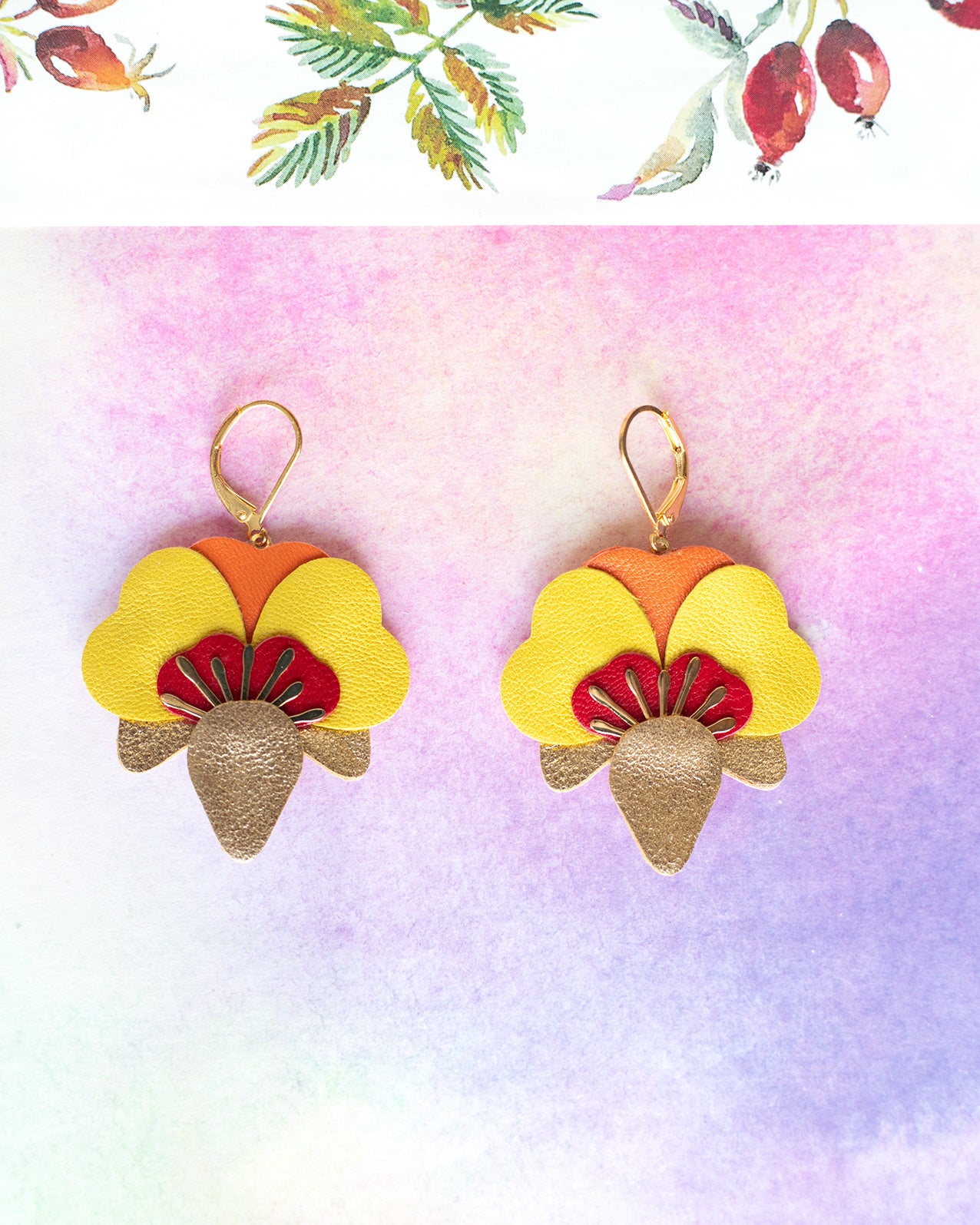 Orchid earrings - gold, red, yellow, orange