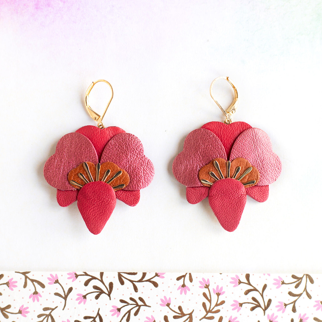 Boucles d’oreilles Orchidées - rouge, cuivré, terracotta