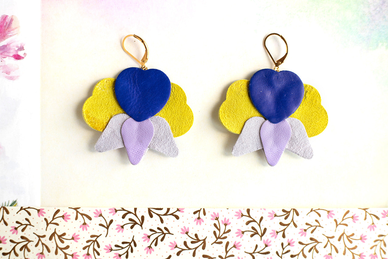 Boucles d’oreilles Orchidées - jaune, violet, mauve, bleu outremer
