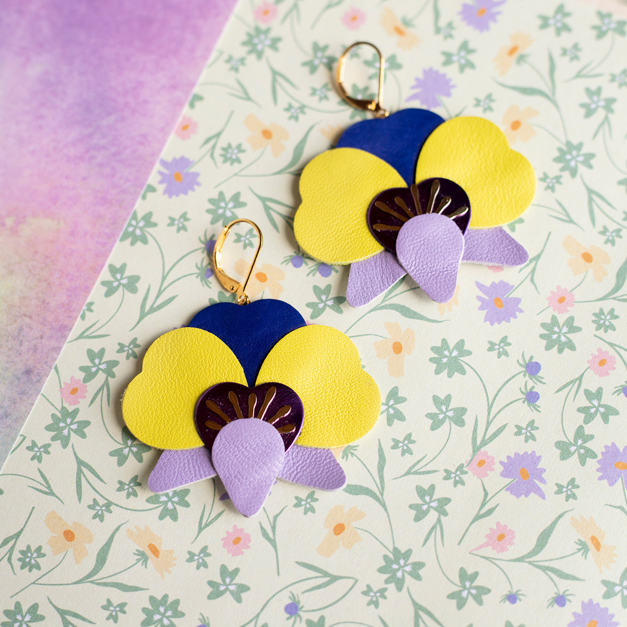 Orchid earrings - yellow, purple, mauve, ultramarine blue