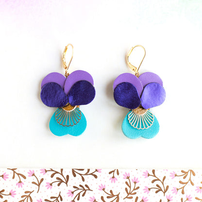 Boucles d’oreilles Pensées - bleu, mauve et violet métallisé