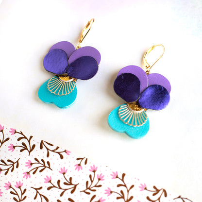 Boucles d’oreilles Pensées - bleu, mauve et violet métallisé