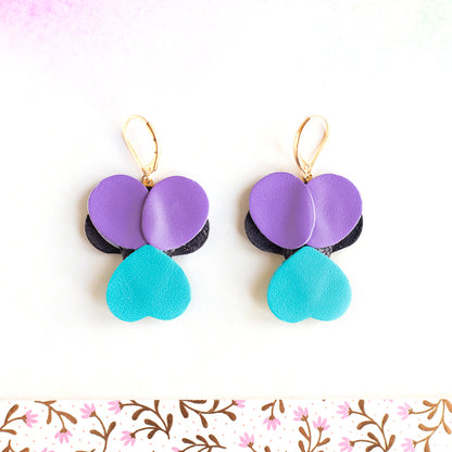 Boucles d’oreilles Pensées - bleu, mauve et violet métallisé