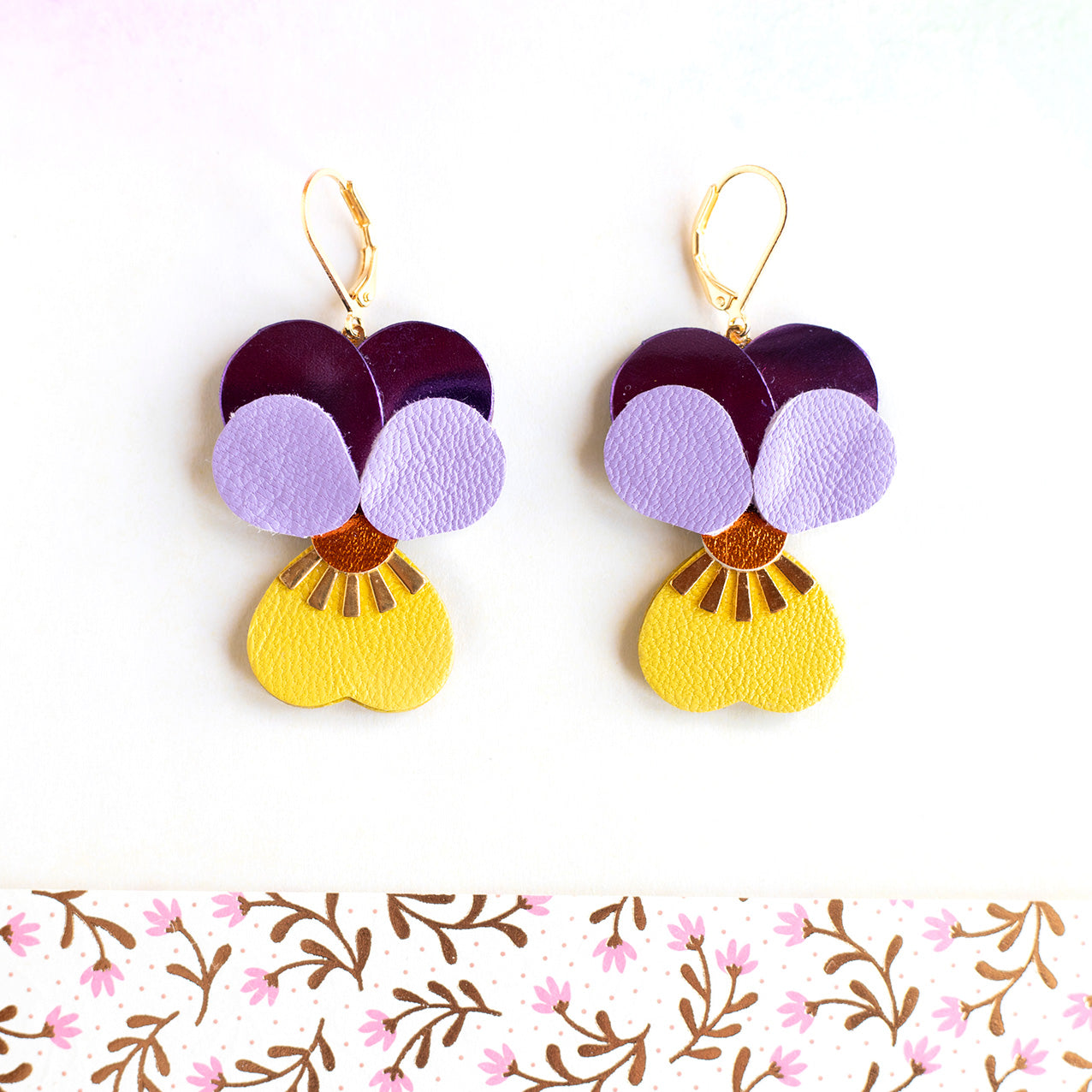 Pansies earrings - mauve purple and yellow