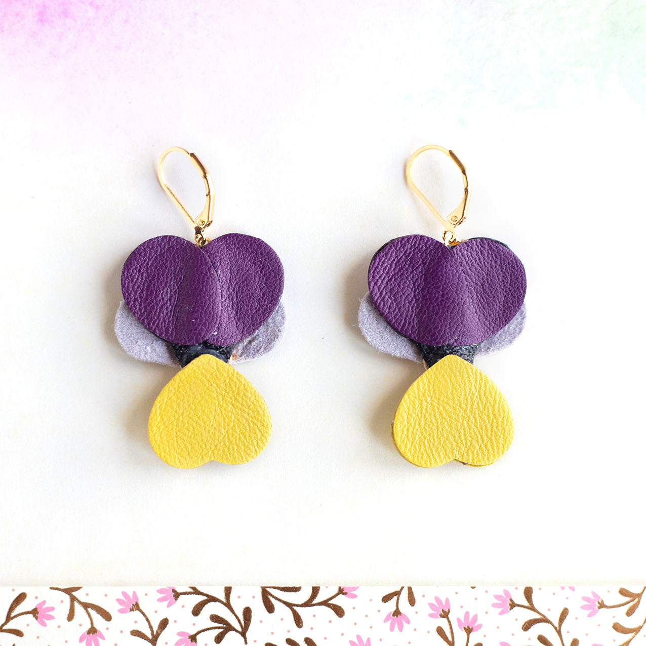 Boucles d’oreilles Pensées - violet mauve et jaune