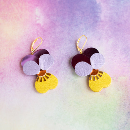 Boucles d’oreilles Pensées - violet mauve et jaune