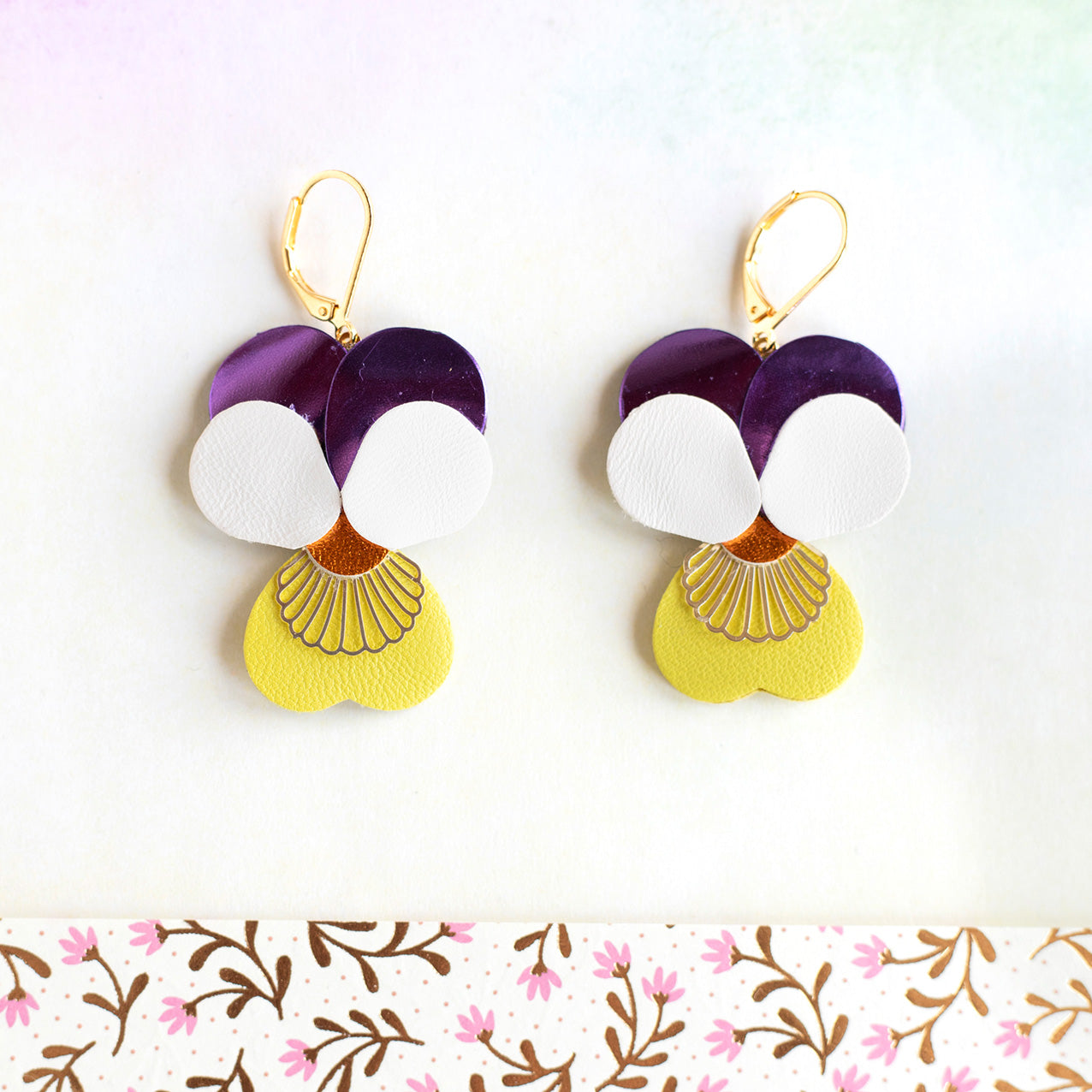 Pansies earrings - purple white and yellow