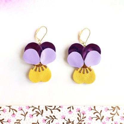 Boucles d’oreilles Pensées - violet métallisé, mauve, jaune, doré