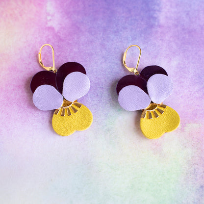 Boucles d’oreilles Pensées - violet métallisé, mauve, jaune, doré