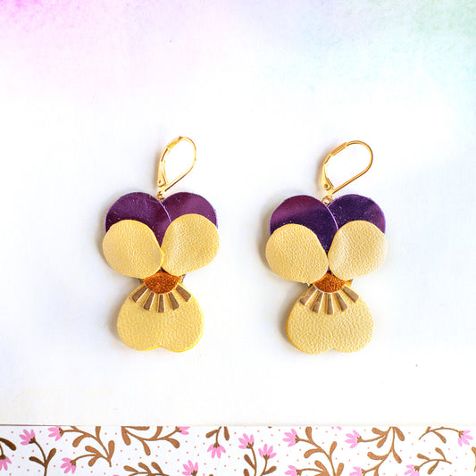Pansies earrings - purple orange and yellow