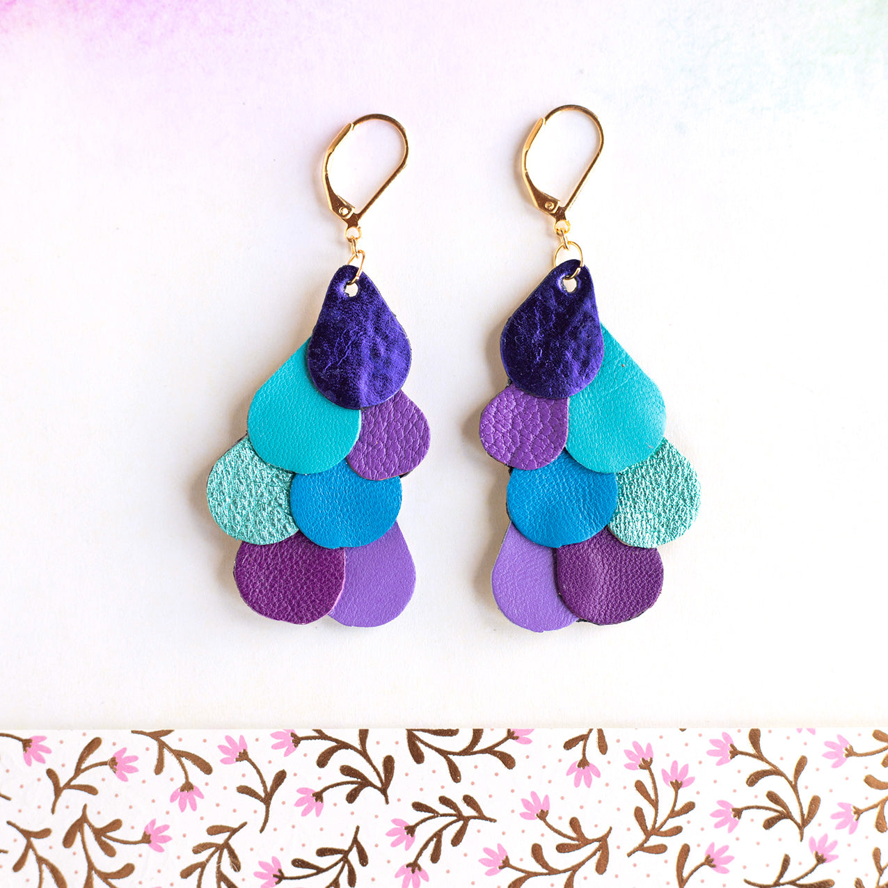 Purple, blue, turquoise Peacock Tail earrings